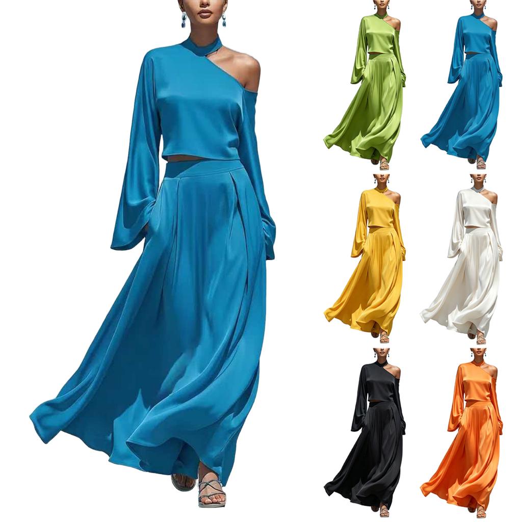 Women's Color One-Shoulder Long Sleeve Top and High-Waist Skirt Two-Piece Outfit Set