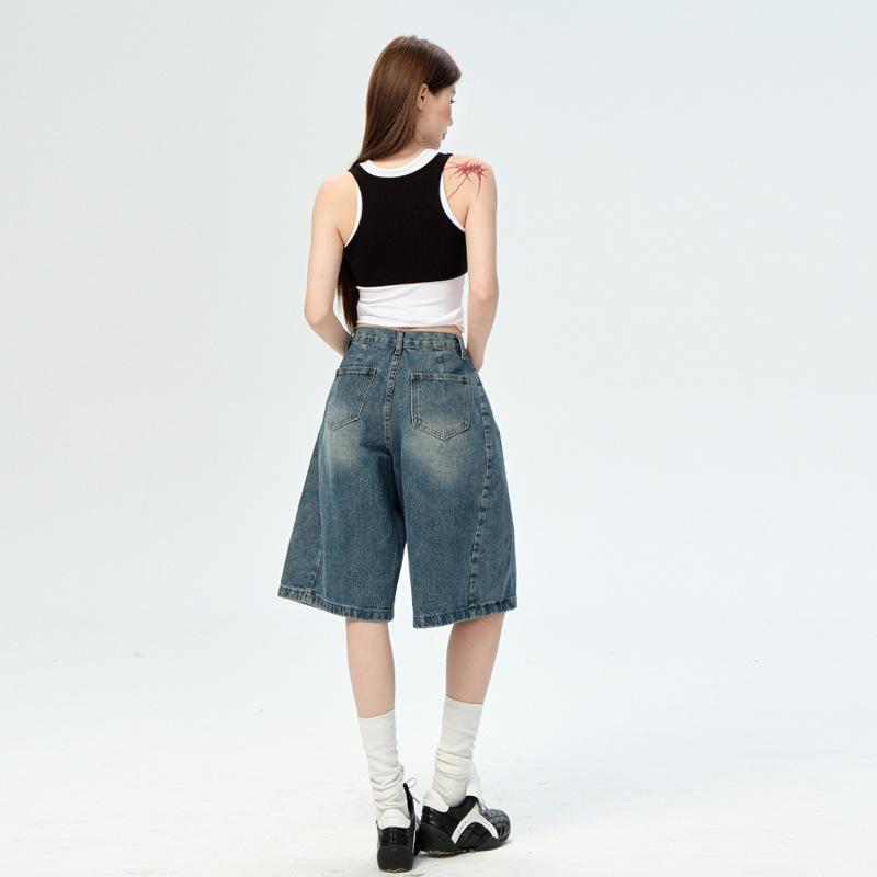 American Retro Women's Denim Five-Point Shorts, 2026 Spring/Summer Collection - Loose, Wide-Leg, Versatile Mid-Length Pants for a Relaxed Fit.
