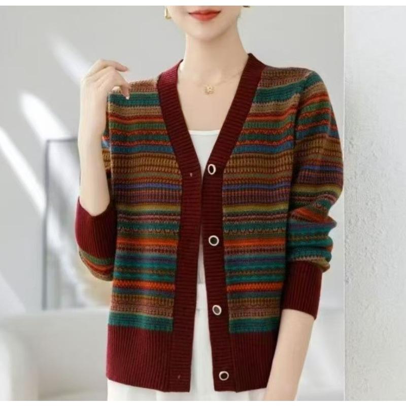 Spring New Word Collar Contrasting Color Buckle Loose Color Bar Fashion Casual Knitted Jacket Cardigan Sweater Women