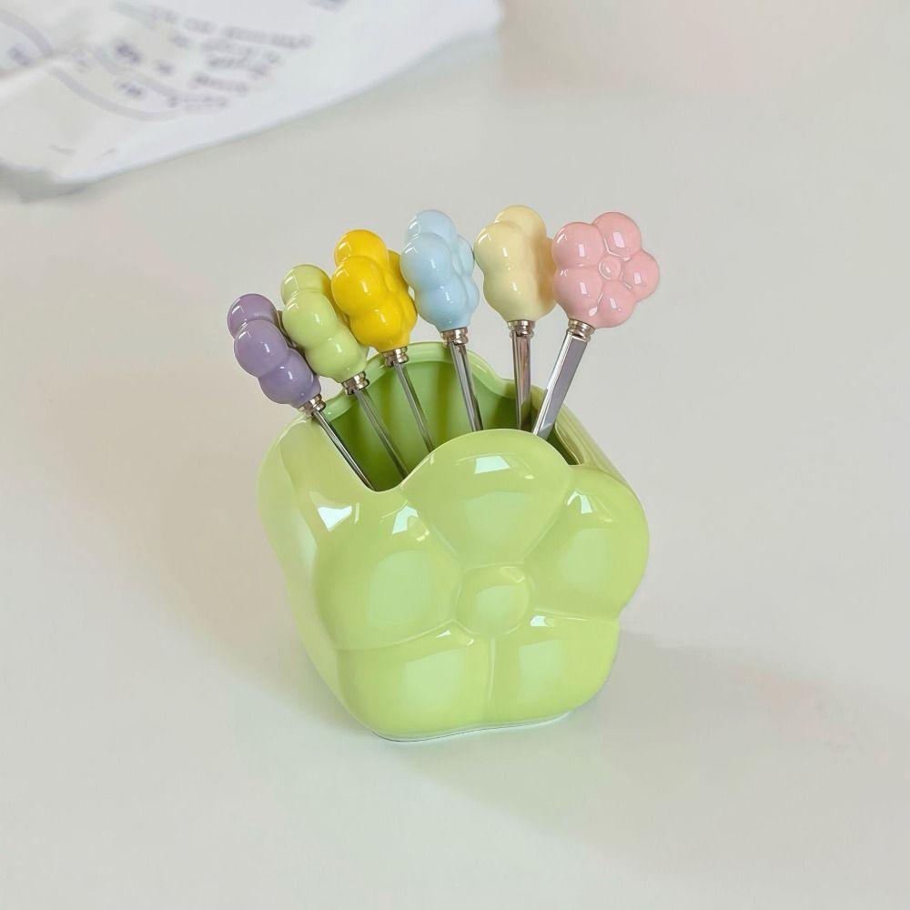 Multi-functional Ceramic Fruit Forks Receipt Jar Cartoon with Storage Can Flower Fruit Fork Set Creative Home Decoration