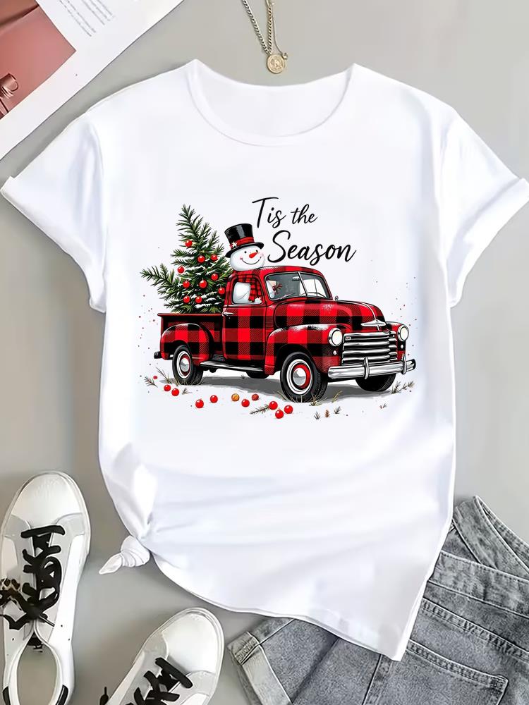 (Asian Size) Style Cute Tee Top Print Christmas New Year Clothing T Shirt Women Fashion Festival Female Woman Short Sleeve Graphic T-shirts