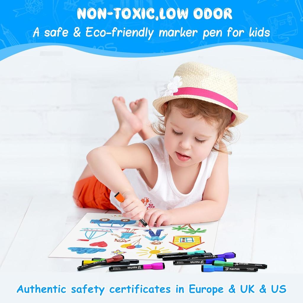 maxtek Magnetic Whiteboard Markers - 12 Count Colorful Fine Tip Dry Erase Markers with Eraser for Kids, Low Odor Thin Markers for Calendar Boards