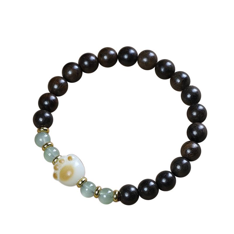 Bodhisattva Agarwood Bracelet: Double Circle Lotus & Cat Paw Beads, Jade Accents, Women's Prayer & Literary Play Accessory
