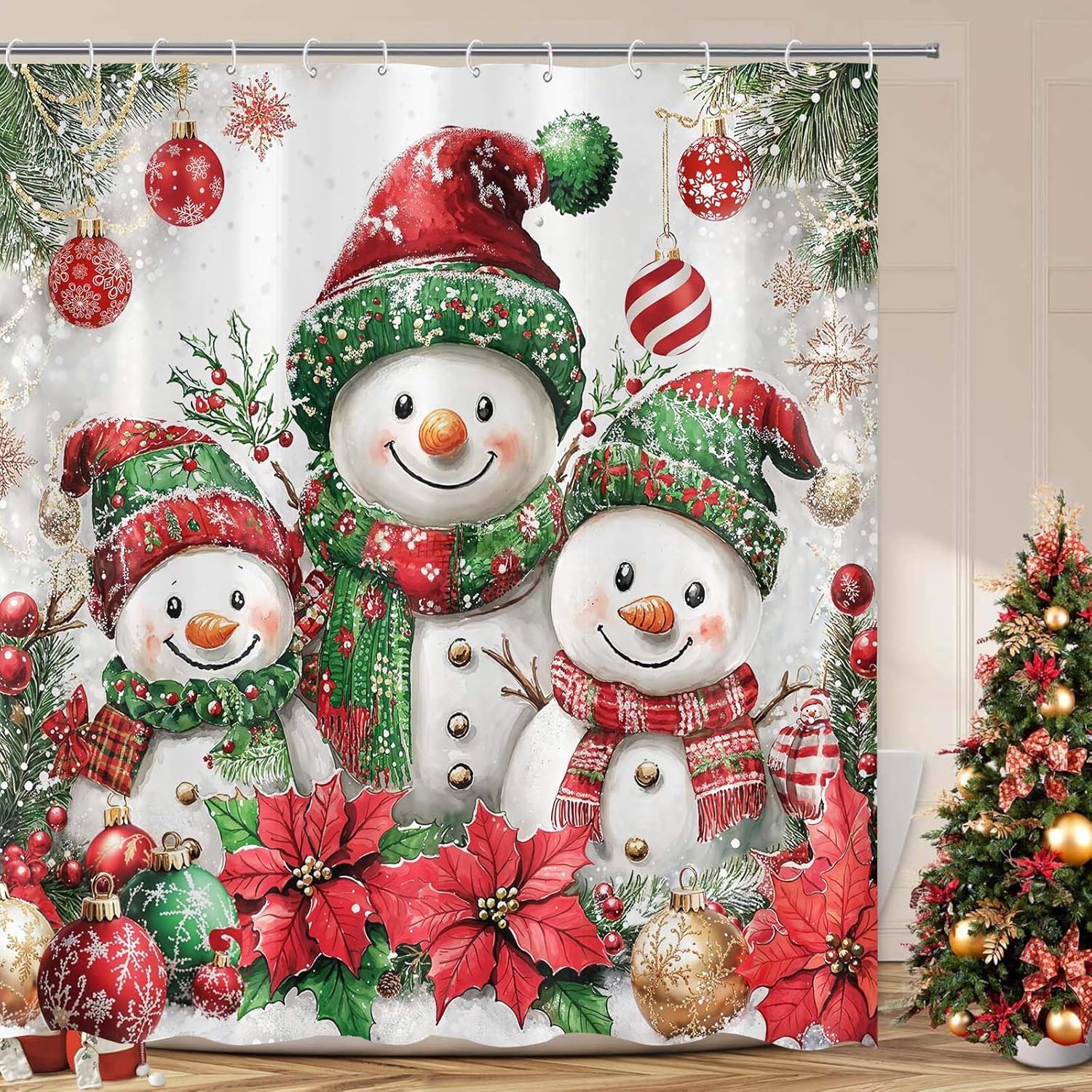 

Christmas Shower Curtain Snowman Shower Curtain Set Holiday Shower Curtains Bathroom Curtain Decor Set with 12 Hooks 90x180CM