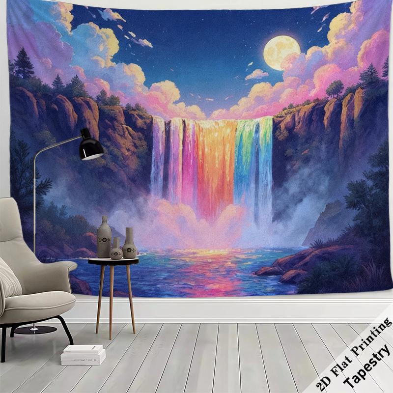 Vibrant Rainbow Waterfall Tapestry Boho Wall Hanging Large Nature Landscape Decor Watercolor Art Print for Living Room Bedroom S
