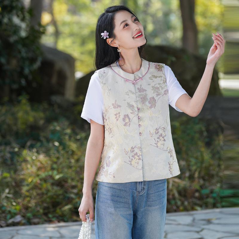 

Весна 2025 Ретро Китайский Стиль Вышивка Пуговица-Лягушка Жаккардовый Жилет Large