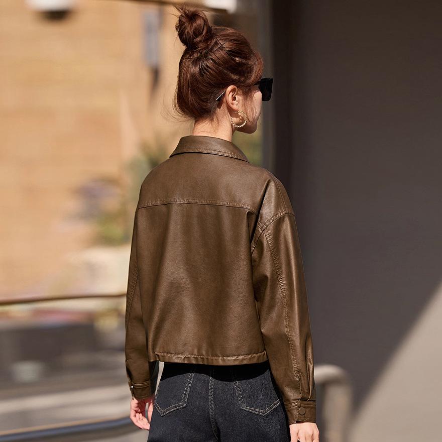 Leather Jacket Women's New Autumn Casual Soft Leather Jacket Short Loose Casual Washed Leather Motorcycle Suit