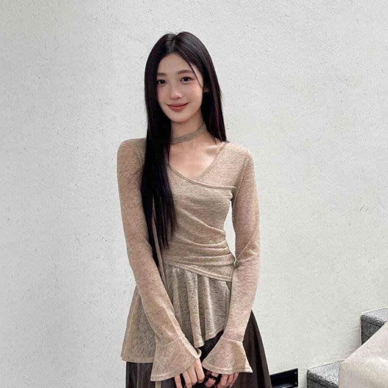 Autumn New Design Irregular Waist T-shirt Niche Elegant Ribbon Top for Women
