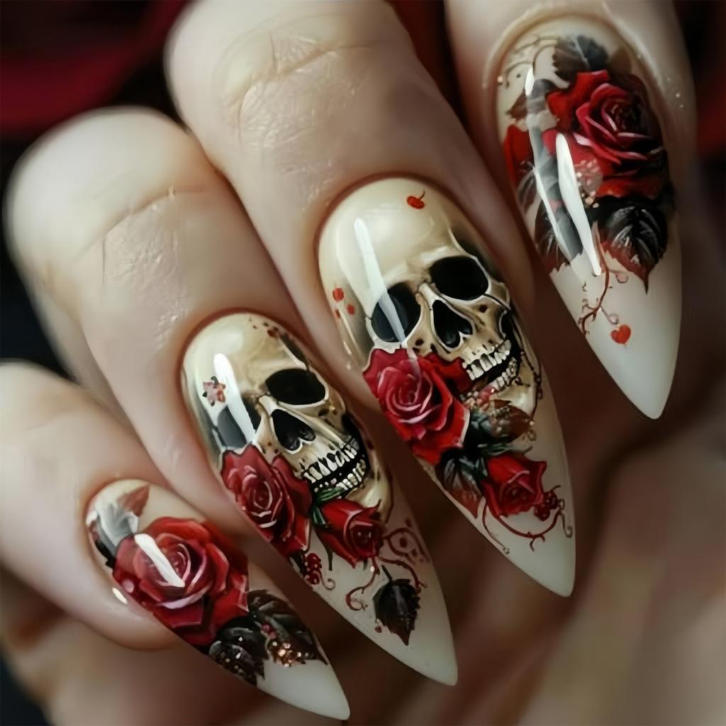 Halloween Party Geisterhafte Falsche Nägel Mandelform Rose Totenkopf Design Schnelle Anwendung ABS Nägel Langlebiger Tragekomfort 24 Stück