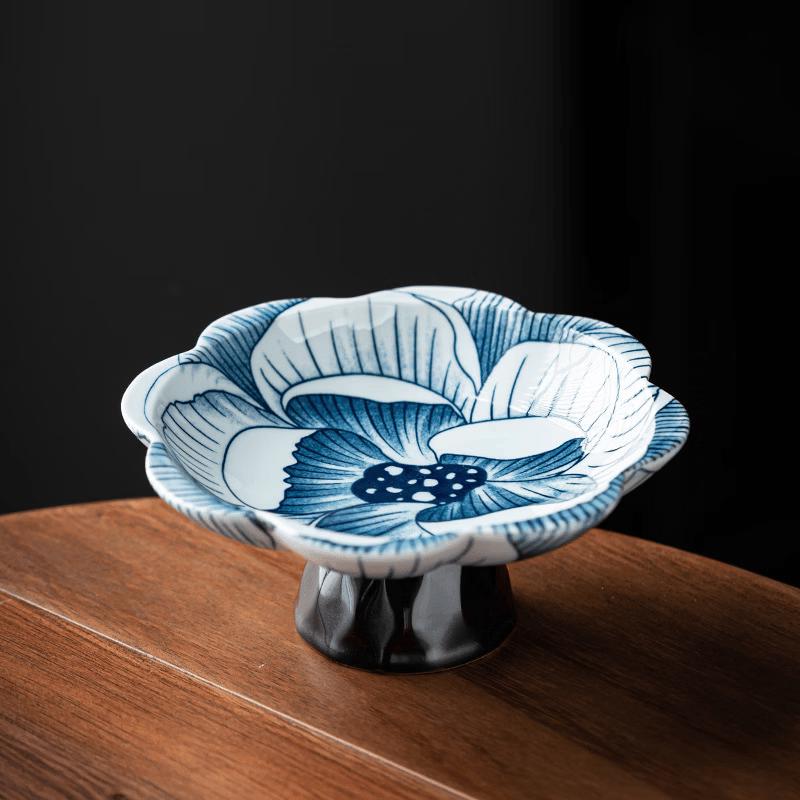 Retro Blue and White Ceramic Lotus Fruit & Dessert Plate