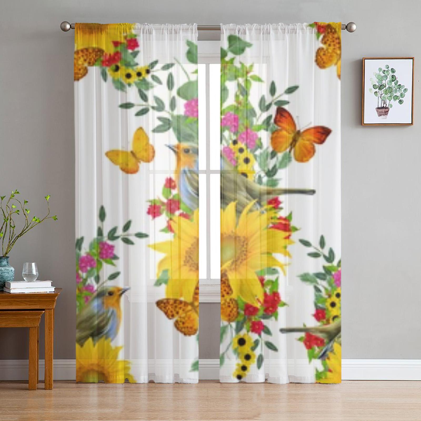 

Птица сидит на желтой ветке подсолнечника, гостиная, кухонные шторы, домашние шторы