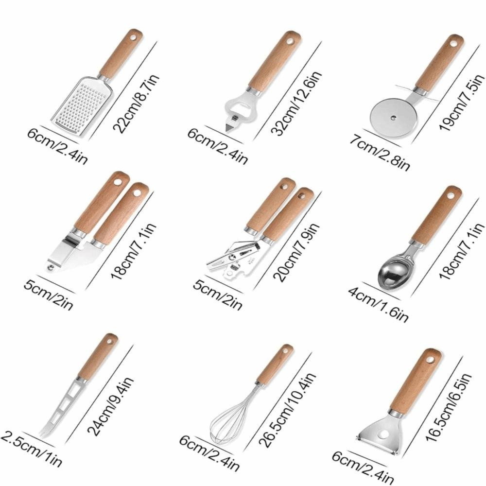 9 PCS Silver Wooden Color Kitchen Utensil Set Stainless Steel Kitchen Gadget Set  Baking Cooking