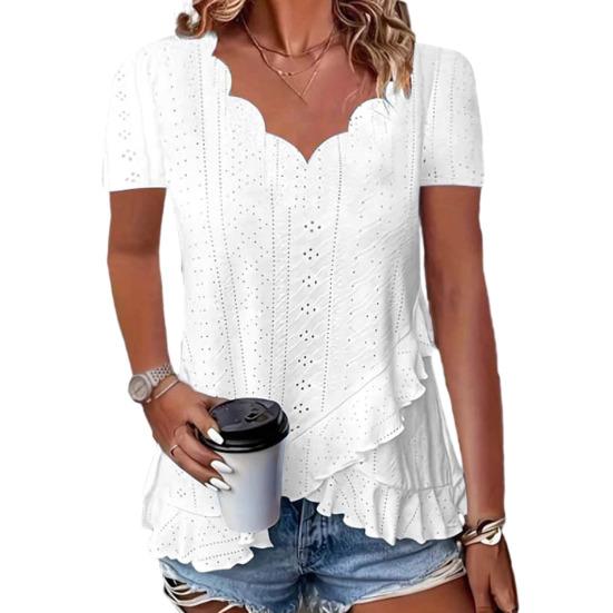 Women Tops V-Neck Short Sleeve Jacquard Decoration Pure Color Loose Fit Pullover Tops Work Party Vacation Casual