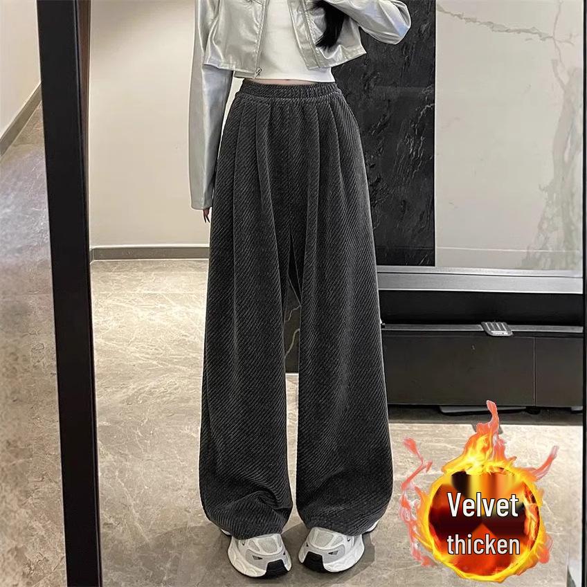Women's 2024 Autumn/Winter Fleece-Lined Wide-Leg Striped Pants