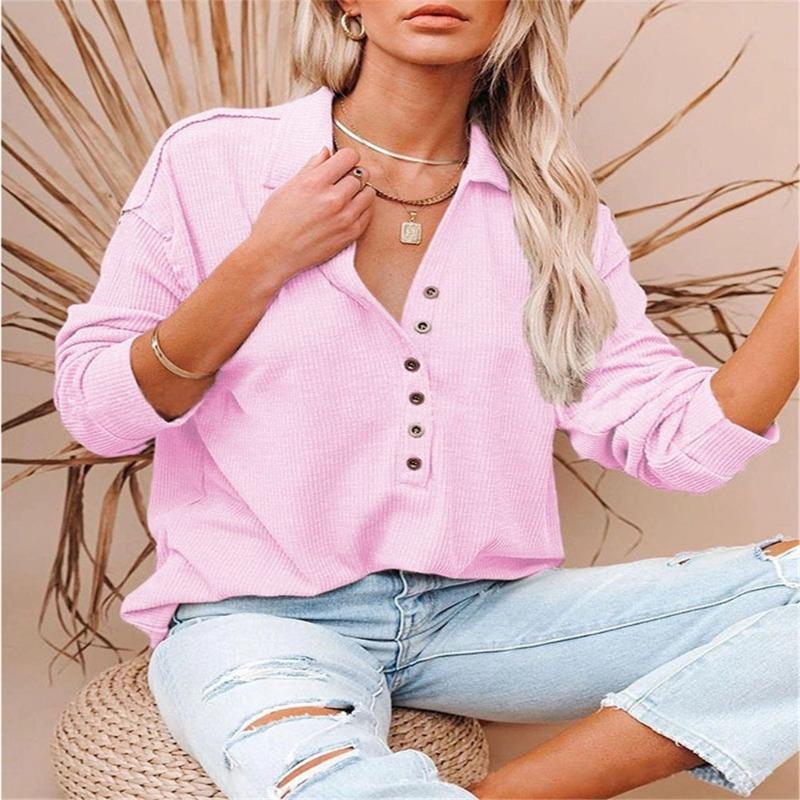 JPNTKY Women's Fashion Casual Solid Color Print Long Sleeve POLO Neck Blouses & Shirts
