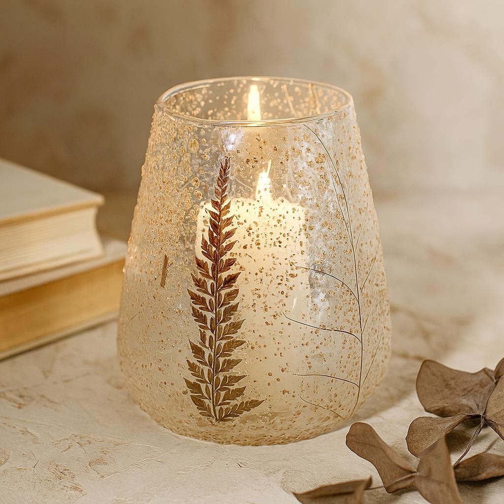 Shamtam Gestructureerde Gouden Varen Glazen Kom Kaarsenhouder 15x12cm