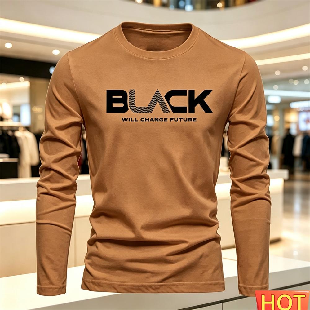 Autumn Summer Loose Tops Men's Long Sleeved T-shirt Letter Pattern Round Neck T-shirt Versatile T-shirt Fashion Men Clothing
