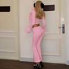 Women Solid Furry Long Sleeve Top Slim Flared Long Pants Two Piece Outfit