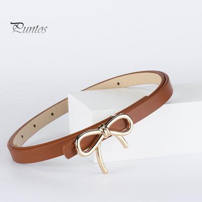 Women Belt Solid Color Metal Bowknot Decorated Imitation Leather Strap Belt Adjustable Holes Slim Waistband