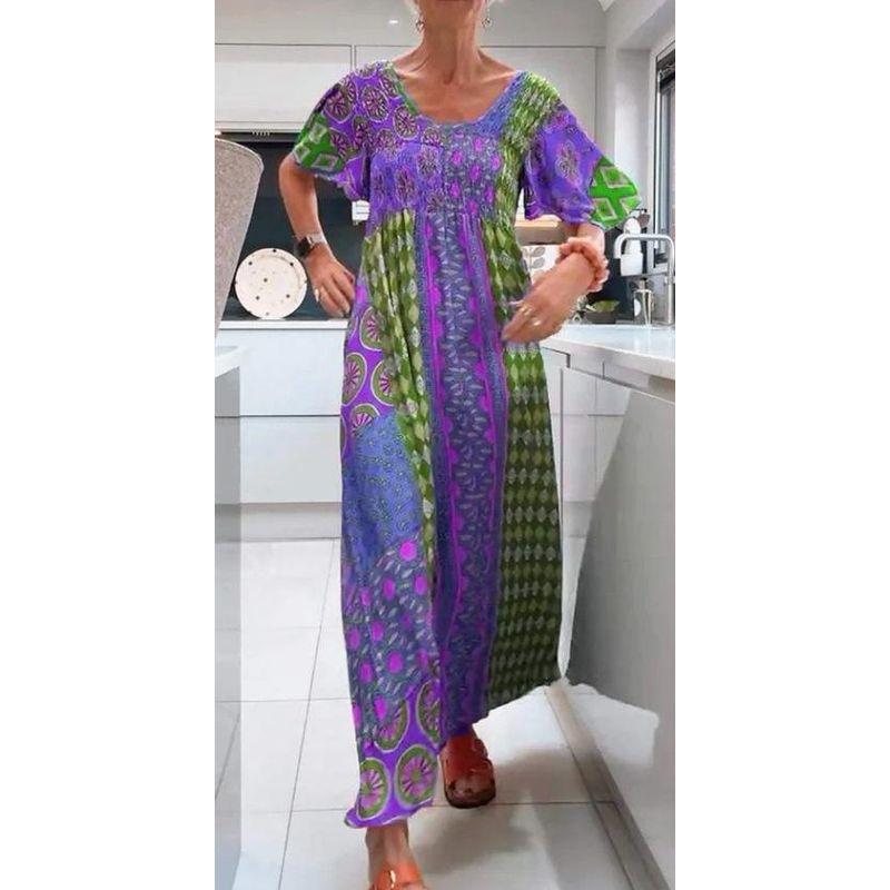 

Summer European and American Women clothes Positioning Print Loose with Pocket Short sleeve round Neck Dress round Neck Neck Dress Purple L