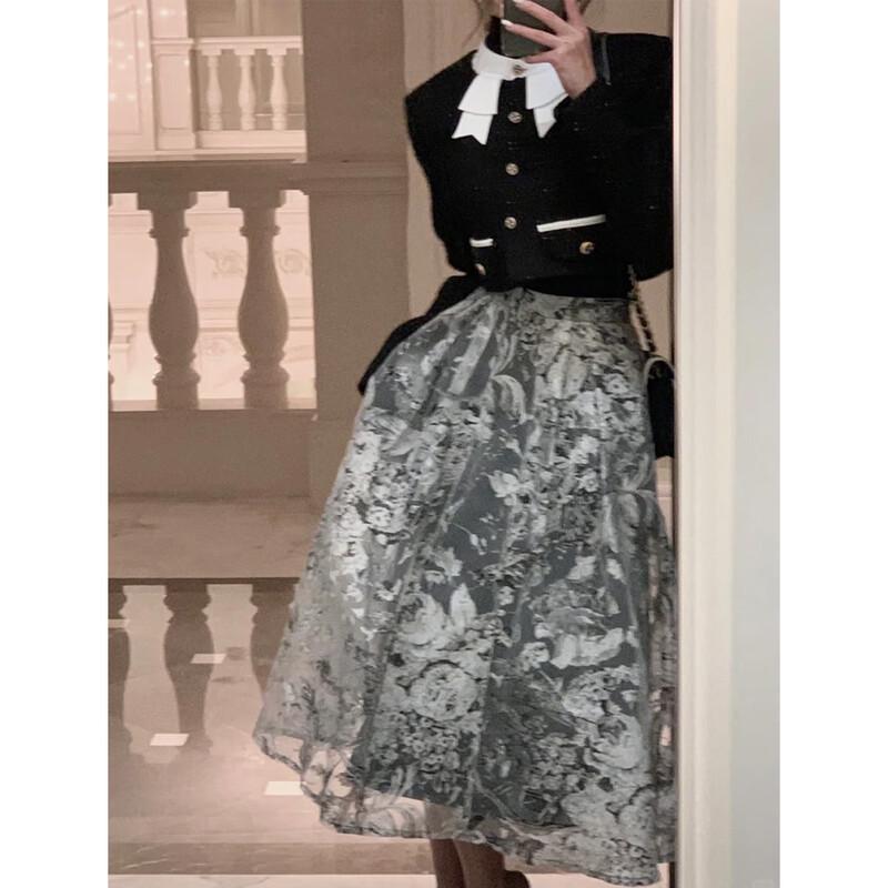JK&JS New Chinese Style Printed High-Waist Skirt