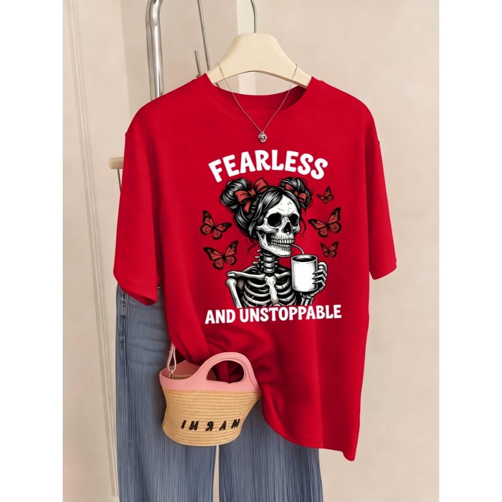 Fearless Understoppable Coffee Skull Print T Shirt Woman Breathable Hip Hop Top Summer T-Shirts Crewneck Short Sleeve