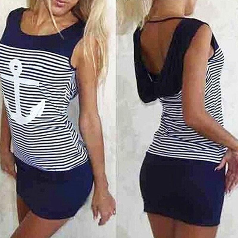 Vest Anchor Stripe Dress Sleeveless Tops Oneck Hooded Sexy Bodycon Mini Dresses