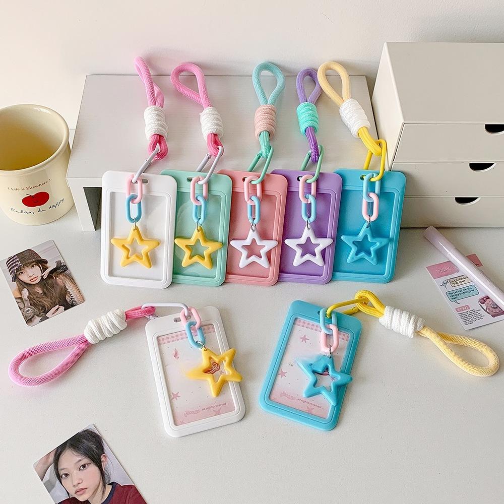 1Pc Cartoon Star Card Holder Candy Color ID Card Sleeve Keychain Hand Rope Identity Credit Cover Case Bank Bus Card Case