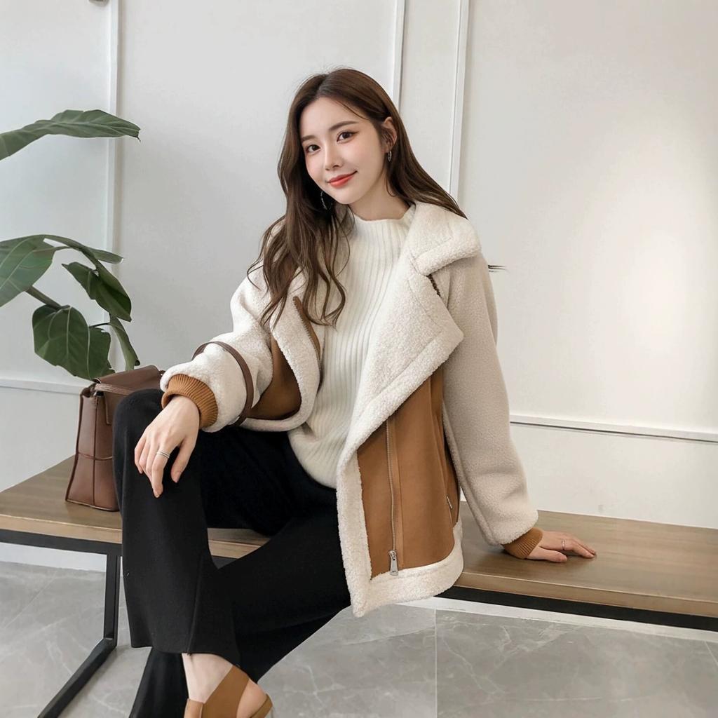 Winter new fashion loose fur integrated suede jacket women's short lamb wool motorcycle jacket