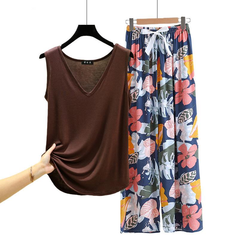 Lockere Modal-Pyjama-Sets Sommer V-Ausschnitt Tanktop und Florale Weite Hosen Lässiger Hausanzug ärmellos Loungewear Übergröße