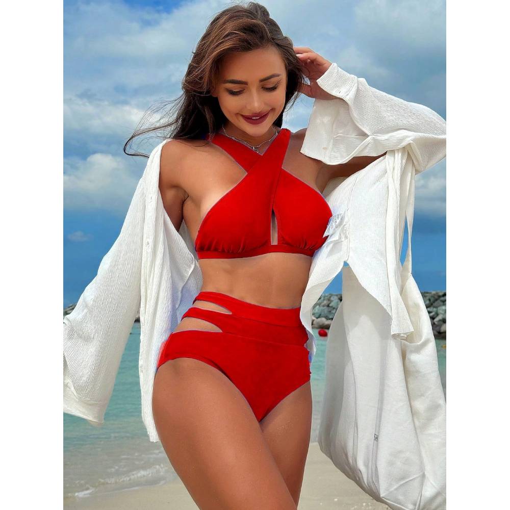 Cikini Solid Color Halter Neck Vacation Matching Bikini Set And Swim Trunks Two-Piece Bikini Set,Summer Beach