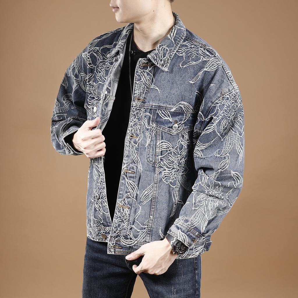Niche High-End Full Of Floral Embroidery Trendy Denim Jacket Men'S Loose High Street Tooling Jacket Men