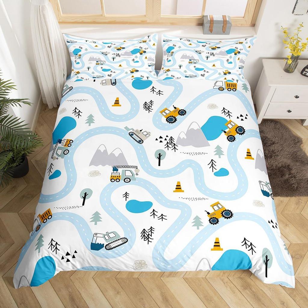 Construction Vehicle Duvet Cover Tractor Excavator Bedding Set Children Boy Bedroom Three-Piece Set