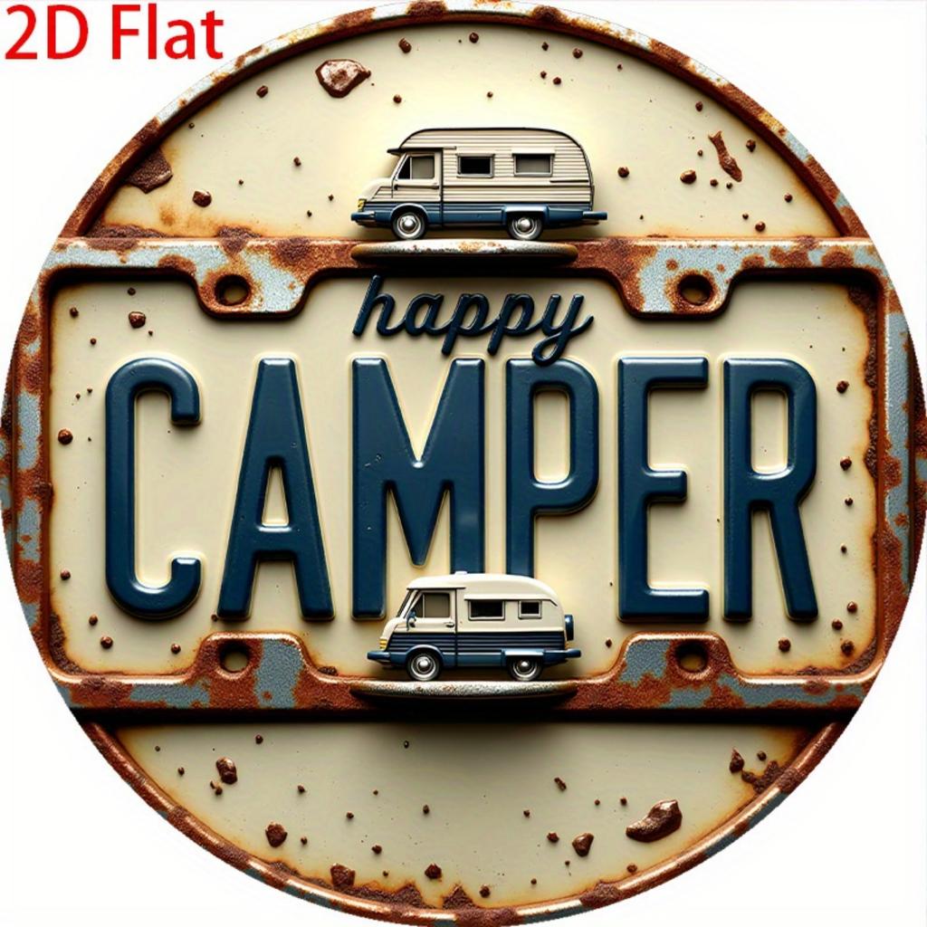 Vintage Happy Camper Metal Wall Art D Flat Rusty Blue RV Sign