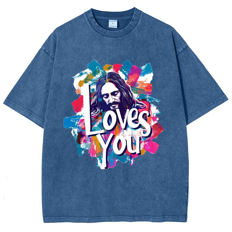 Loves You Letter Portrait Print Women's T-Shirt Washed Oversized Loose Mid Sleeve High Street Short Sleeve