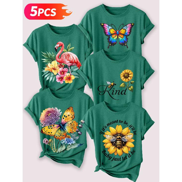 Follow a specific direction Five-piece set for women T T-shirt with vintage floral and bird print Elegant summer clothing Short-sleeved shirt for