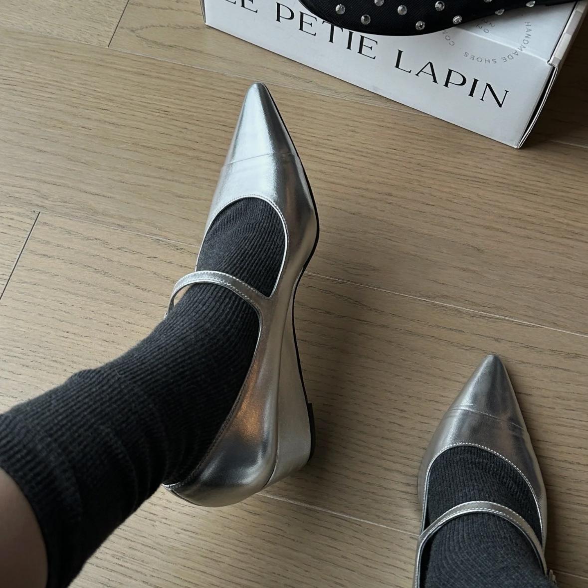 

Cowhide version~ French leather wedge high heels women s thick heel platform silver Mary Jane single shoes pointed shoes ladyshoes 35