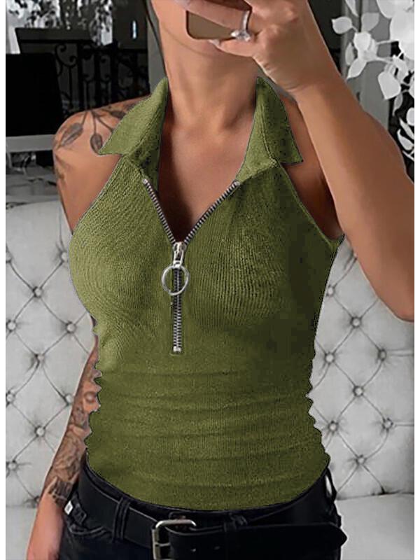 2024 Women's Fashion Casual Solid Color Ribbed Zip-Up Vest T-Shirt with Turn-Down Collar for Spring/Summer