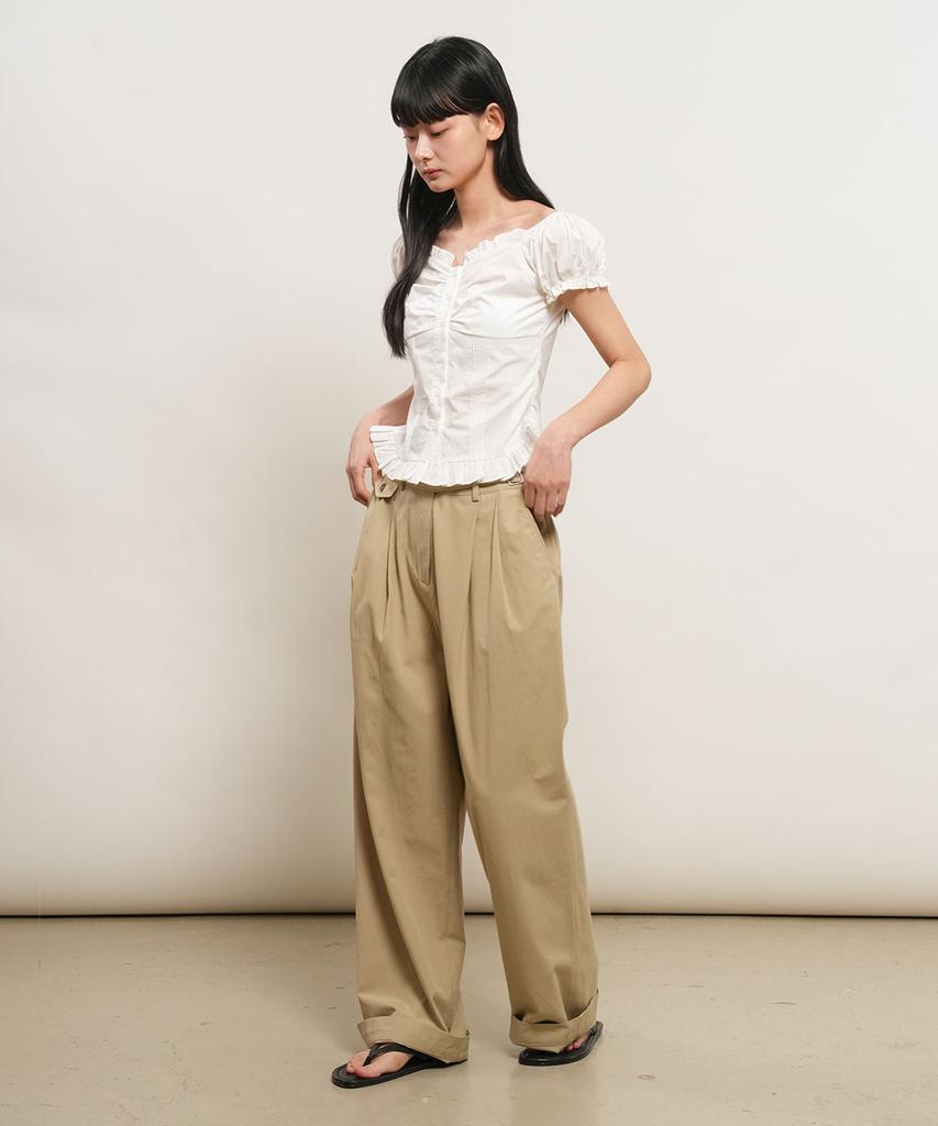 GENERALIDEA Cap Sleeve Heart Neck Shirred Blouse [White] / Wbe2L03530