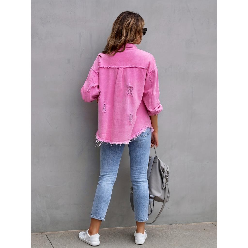 Denim Jacket Women Solid Color Loose,Jacket Hole Breaking Long Sleeve Women's Denim Shirt