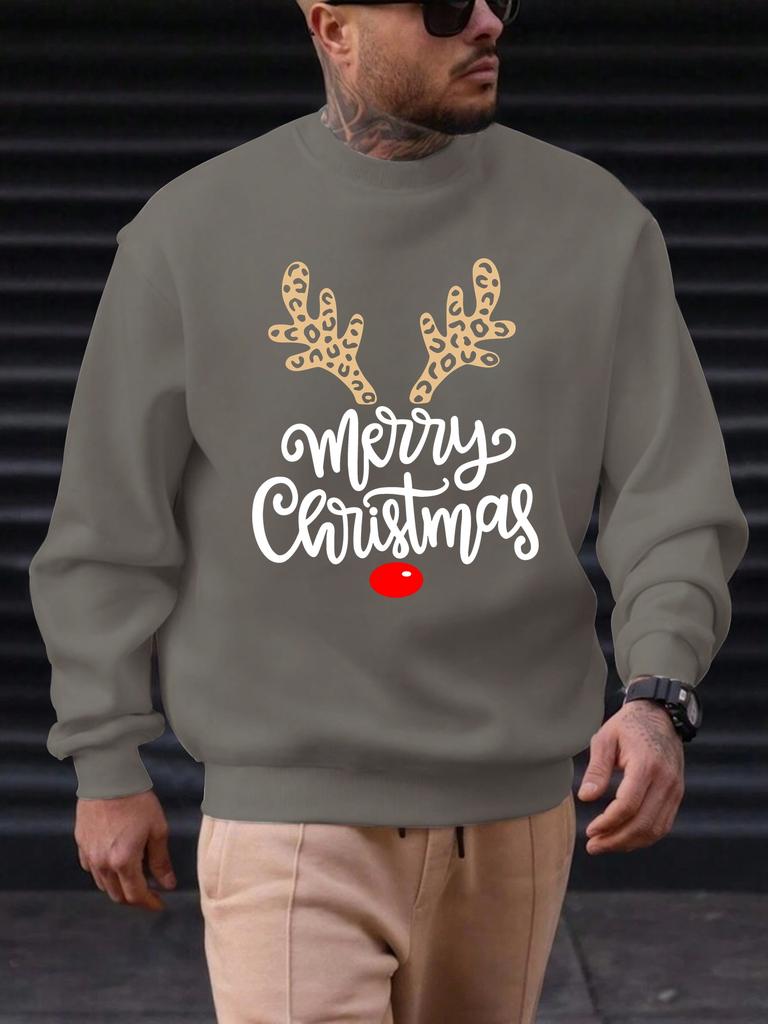 Casual Christmas Sweatshirt, Polyester Knit Crew Neck Pullover with Merry Christmas Reindeer Print