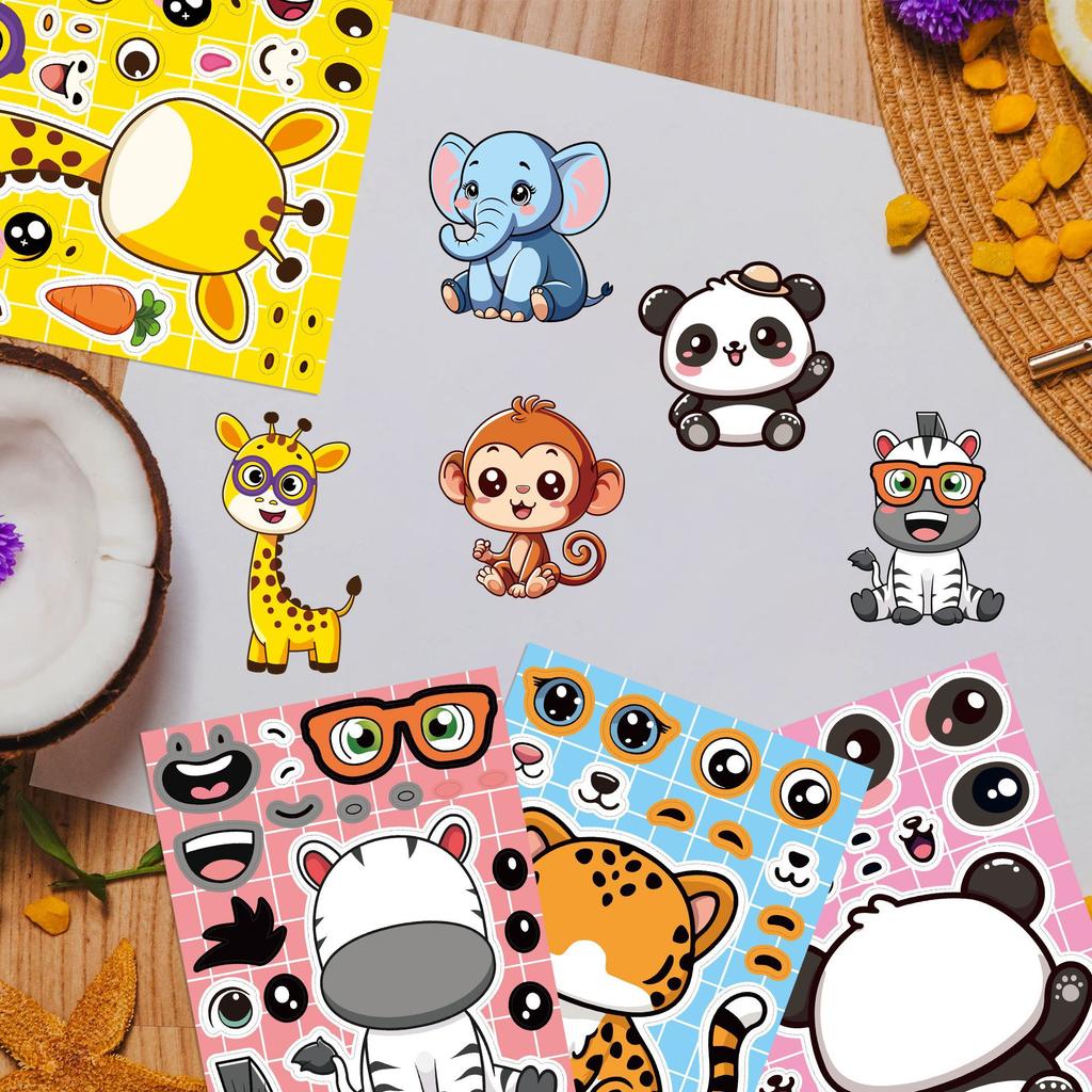 8 Blatt Cartoon-Tier-Puzzle-Aufkleber-Set - Gesichtsbildungs-Aufkleber für Kinder Schreibwaren Notizbuch Telefon & Laptop Dekoration