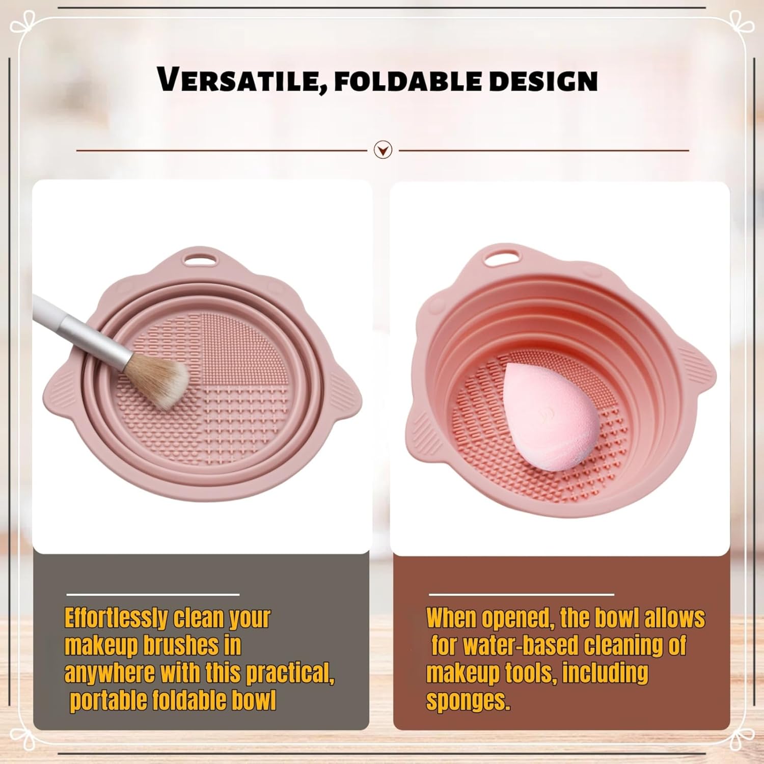 Розовая складная миска для очистки кистей - Силиконовый коврик для очистки кистей для макияжа, Портативный инструмент для очистки косметики для кистей, пуховок и спонжей.