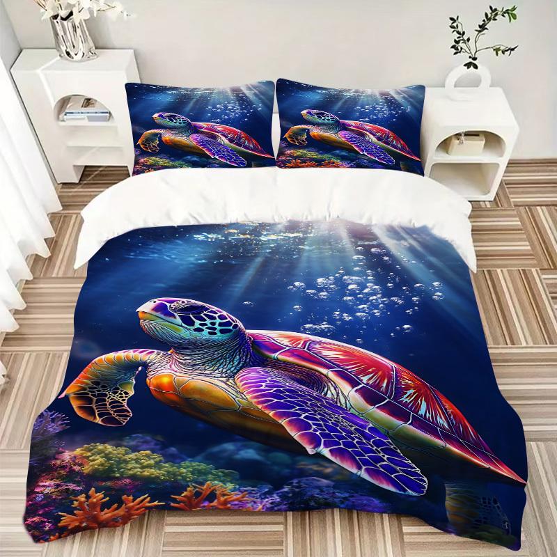 3pcs Sea Turtle Print Duvet Cover Set, Cover For Bedroom Guest Room (1 Duvet Cover + 2 Pillowcase, Without Quilt),  yy250922100