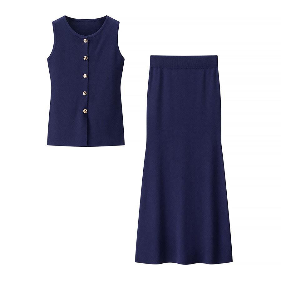 Summer 2025 ZA Fashion Metal Buckle Knit Vest and Slit Midi Skirt Set for Europe and America