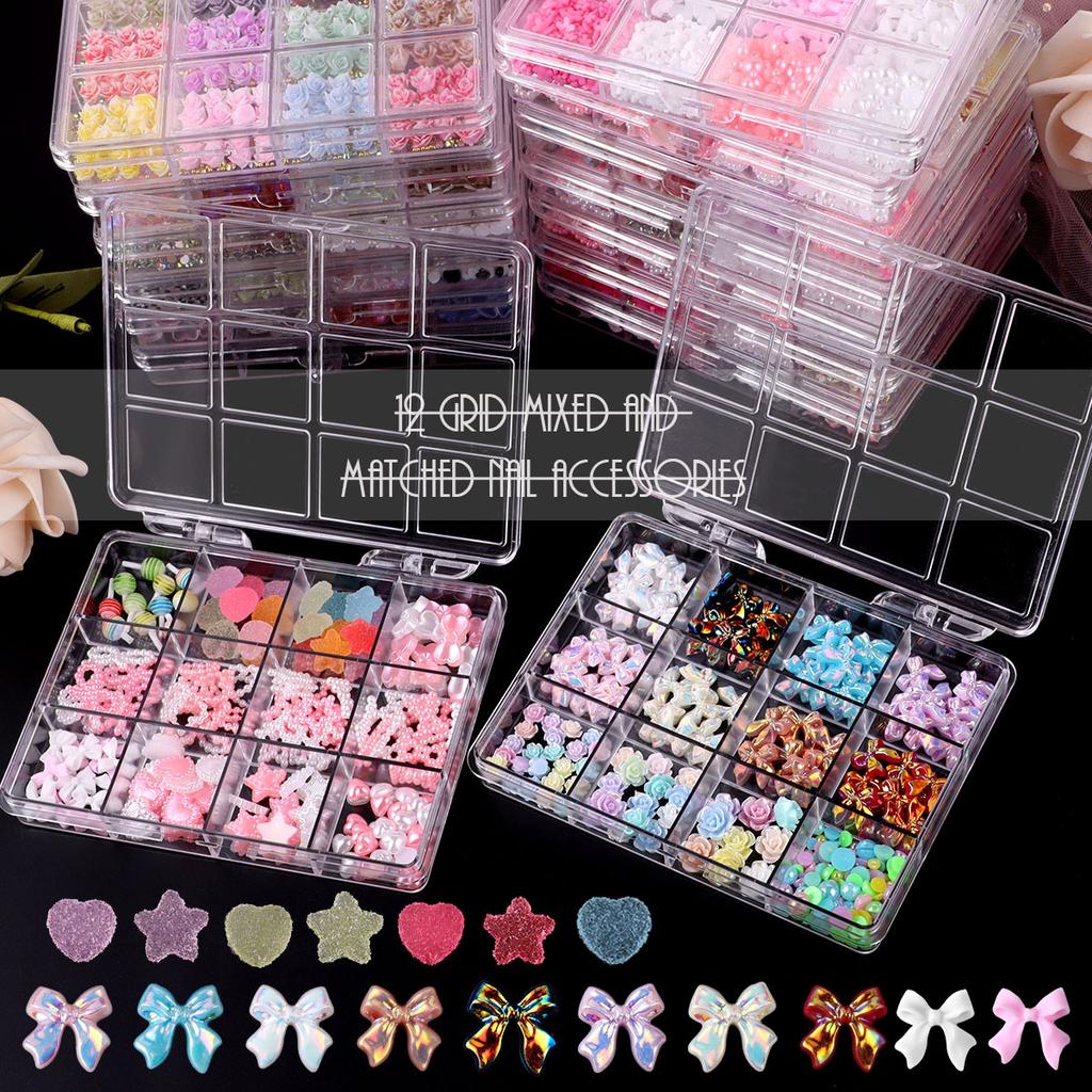 12 Grid Rose Nail Art Alloy Jewelry Resin Bow Camellia Three-Dimensional Flower Mixed Box