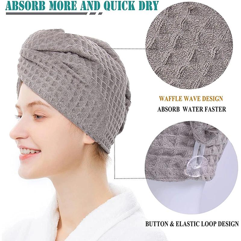 Microfiber Hair Wrap Waffle Hair Drying Towel Absorbent Dry Hair Turban with Button Twist Hair Towels Cap Quick Anti Frizz Hair