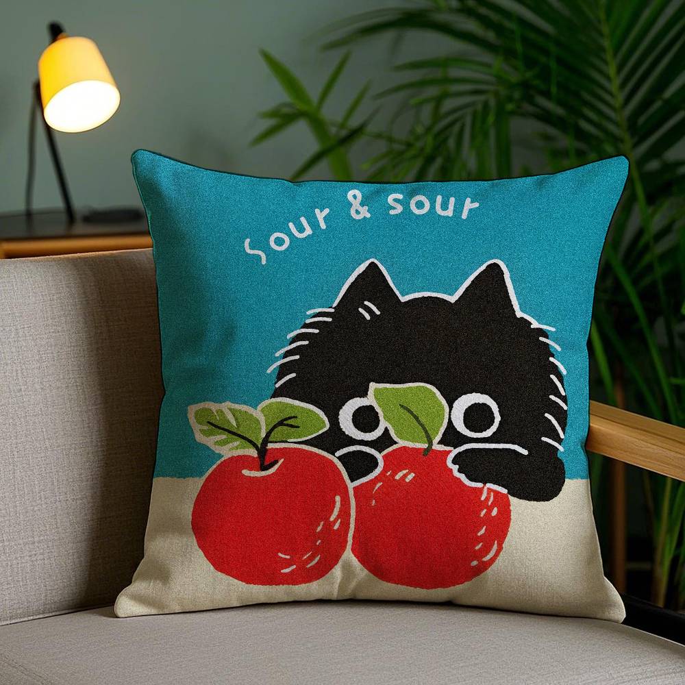 

Hand Drawn Cartoon Happy Cat Pillow Case Anti-dustmite Pillowcase Invisible zipper silky short plush Sofa cushion cover 12x12Inch