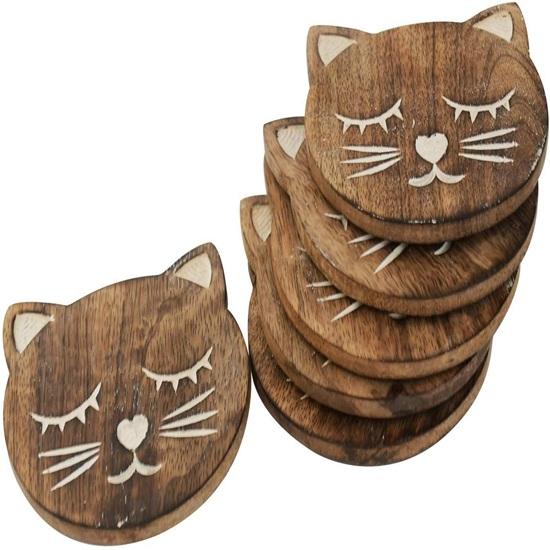 11 Cm Wooden Handcrafted Cat Design Coasters for Drinks Hot Cold Wooden Coaster Sets with Holder Dining, Tea Coffee Table Decorative Cocktail Coasters