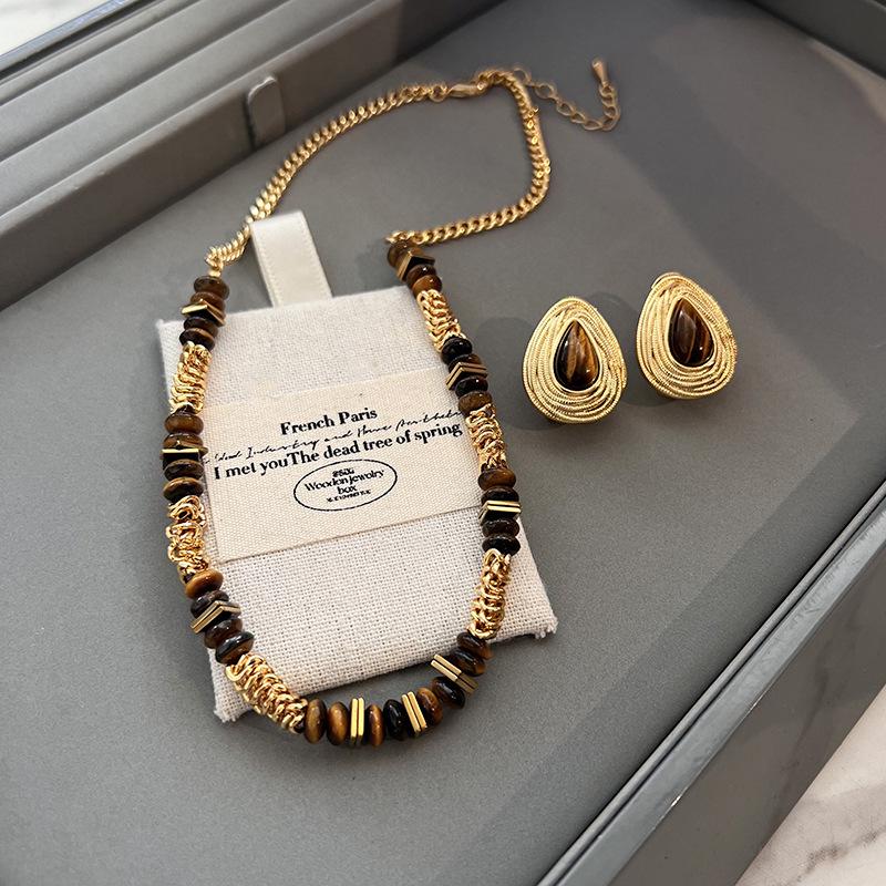 Vintage Maillard Kaffee Halskette & Tigerauge Ohrringe Set für Damen